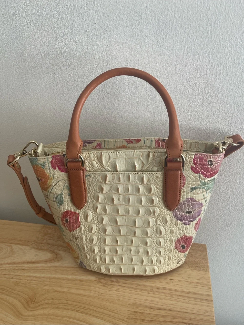 Brahmin Cream Floral Croc-Embossed Shoulder Bag with Tan Accents